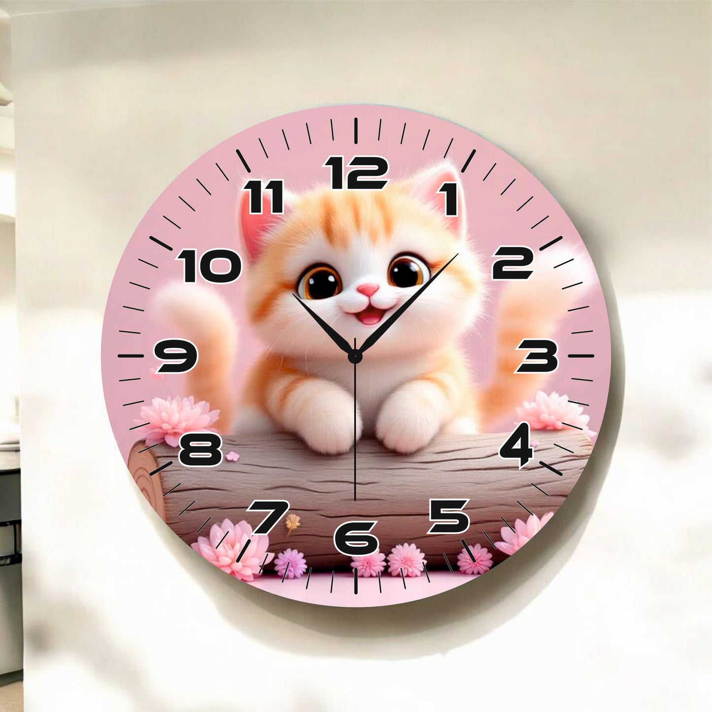 Kedi Renkli Baskı Çocuk Odası Desenli Sayılı Hediyelik Ahşap Sessiz Tablo Duvar Saati