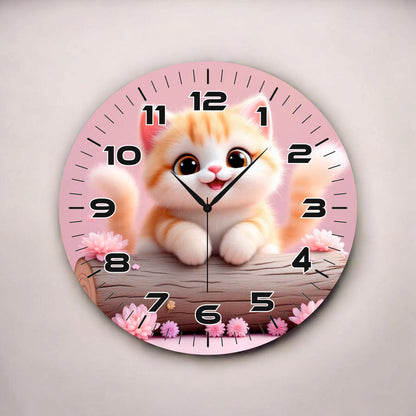 Kedi Renkli Baskı Çocuk Odası Desenli Sayılı Hediyelik Ahşap Sessiz Tablo Duvar Saati