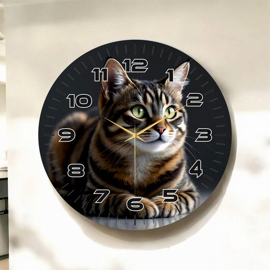 Renkli Baskı Kedi Desenli Sayılı Hediyelik Ahşap Sessiz Tablo Duvar Saati