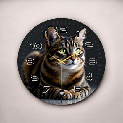 Renkli Baskı Kedi Desenli Sayılı Hediyelik Ahşap Sessiz Tablo Duvar Saati