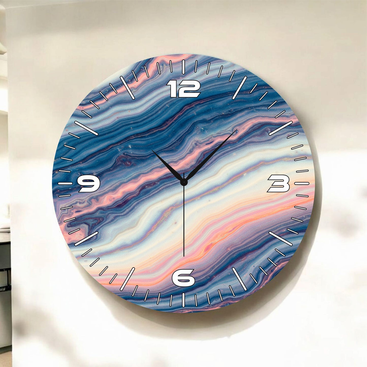 Modern Renkli Baskı Ebru Desenli Sayılı Hediyelik Ahşap Sessiz Tablo Duvar Saati