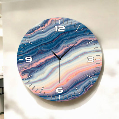 Modern Renkli Baskı Ebru Desenli Sayılı Hediyelik Ahşap Sessiz Tablo Duvar Saati