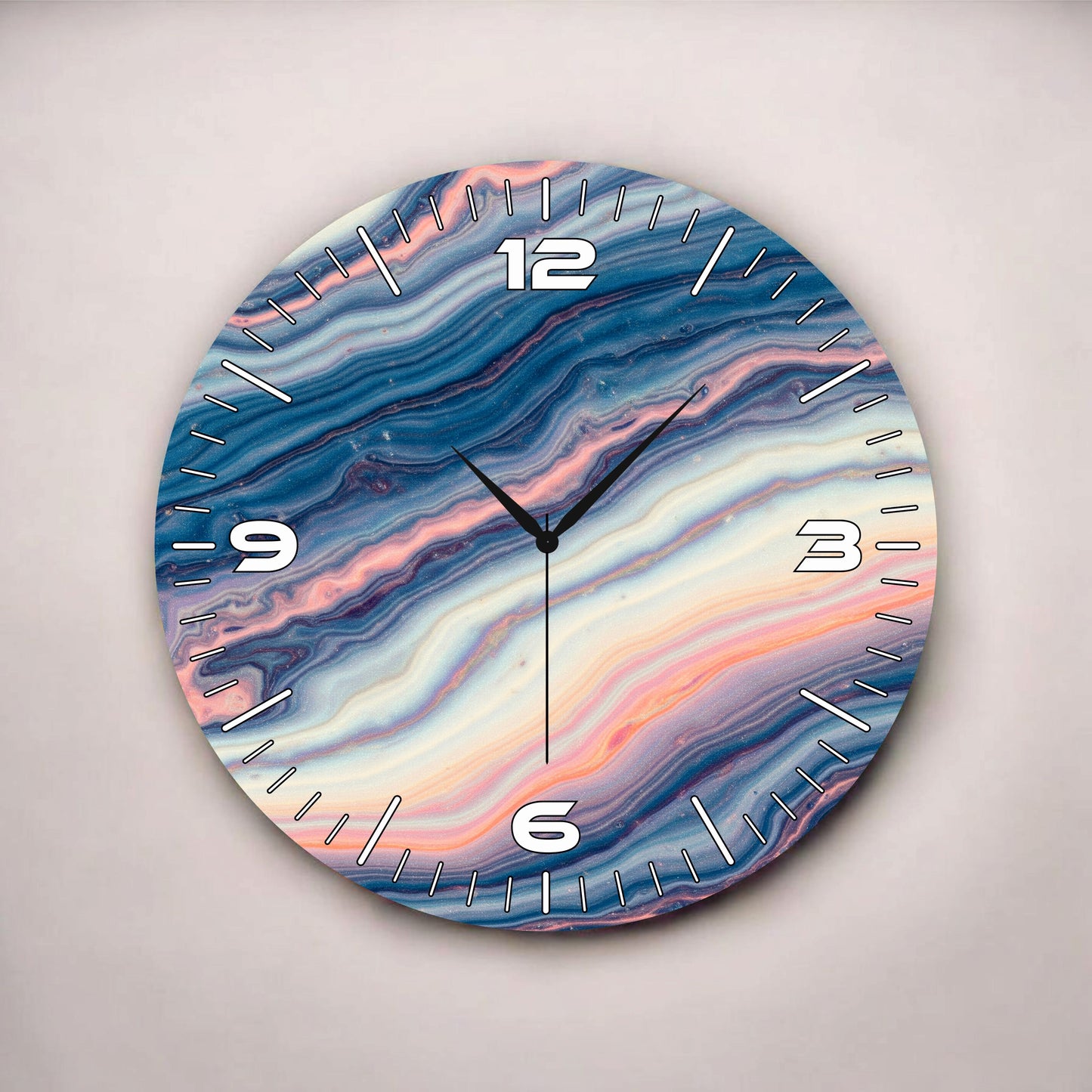 Modern Renkli Baskı Ebru Desenli Sayılı Hediyelik Ahşap Sessiz Tablo Duvar Saati