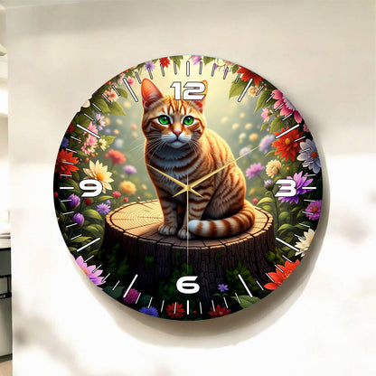 Sarı Kedi Renkli Baskı Hayvan Desenli Sayılı Hediyelik Ahşap Sessiz Tablo Duvar Saati 50cm