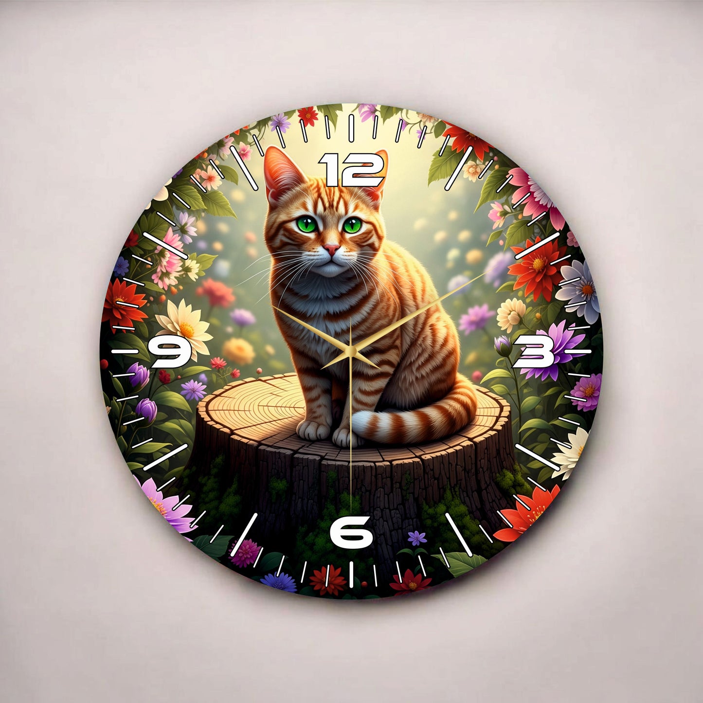 Sarı Kedi Renkli Baskı Hayvan Desenli Sayılı Hediyelik Ahşap Sessiz Tablo Duvar Saati 50cm