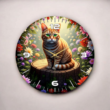 Sarı Kedi Renkli Baskı Hayvan Desenli Sayılı Hediyelik Ahşap Sessiz Tablo Duvar Saati 50cm