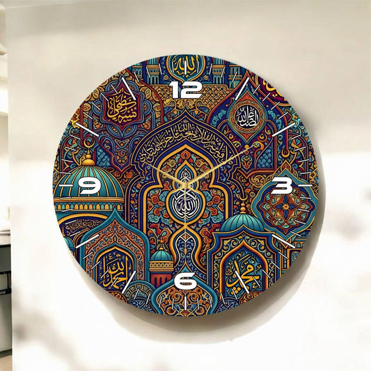 Renkli Baskı Kaligrafi Yazı Desenli Sayılı Hediyelik Ahşap Sessiz Tablo Duvar Saati