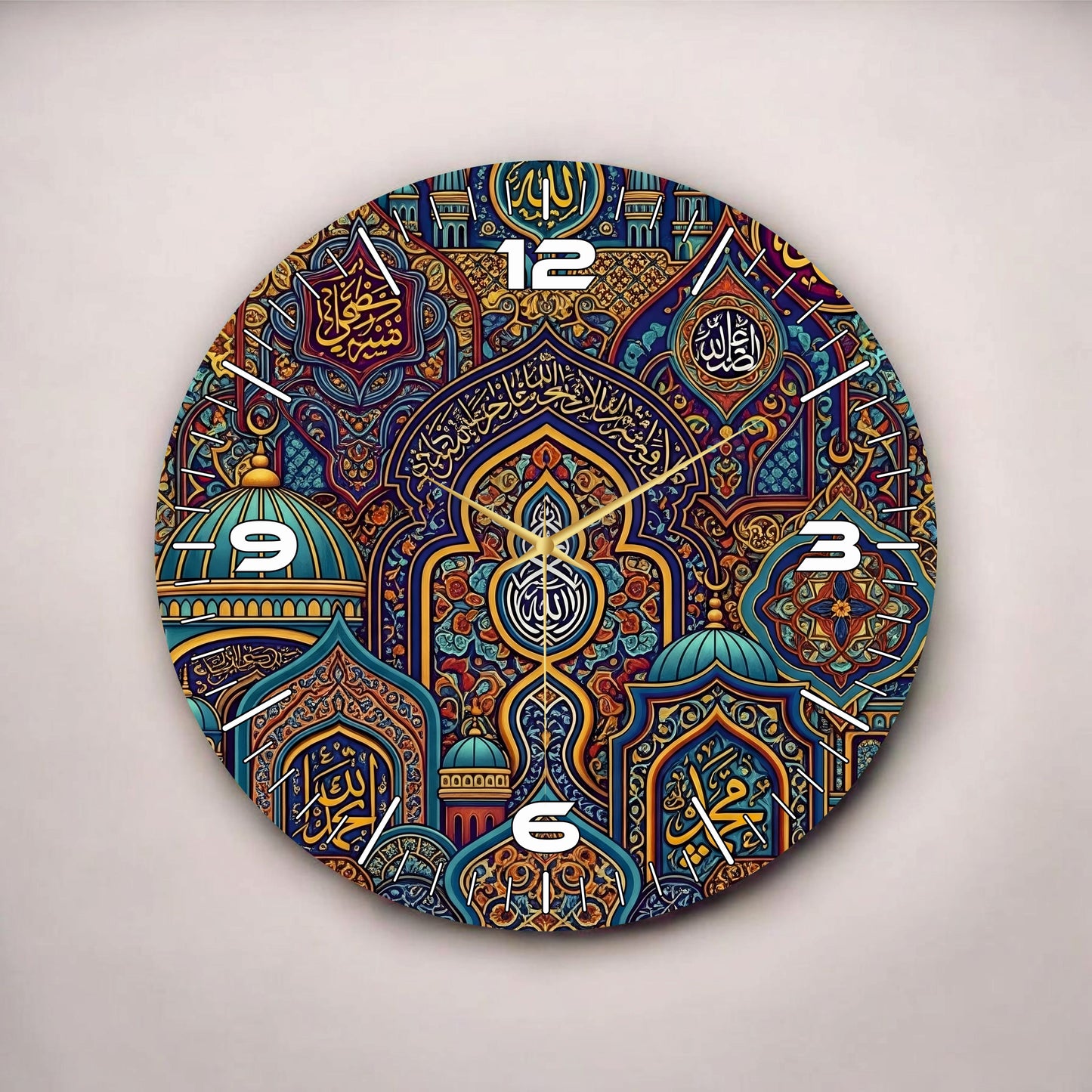 Renkli Baskı Kaligrafi Yazı Desenli Sayılı Hediyelik Ahşap Sessiz Tablo Duvar Saati