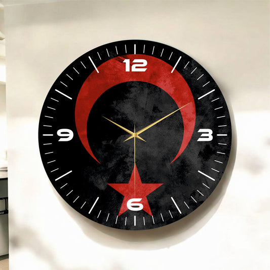 Renkli Baskı Türk Bayrak Desenli Sayılı Hediyelik Ahşap Sessiz Tablo Duvar Saati