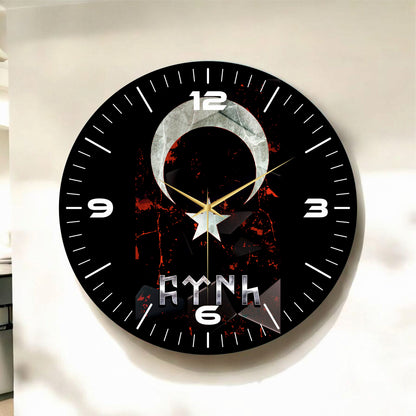 FYNH Renkli Baskı Göktürk Türk Bayrağı Desenli Sayılı Hediyelik Ahşap Sessiz Tablo Duvar Saati