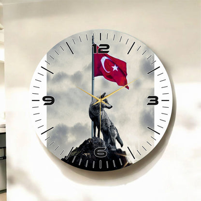 Renkli Baskı Türk Bayrağı ve Bozkurt Desenli Sayılı Hediyelik Ahşap Sessiz Tablo Duvar Saati