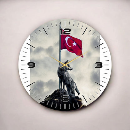 Renkli Baskı Türk Bayrağı ve Bozkurt Desenli Sayılı Hediyelik Ahşap Sessiz Tablo Duvar Saati