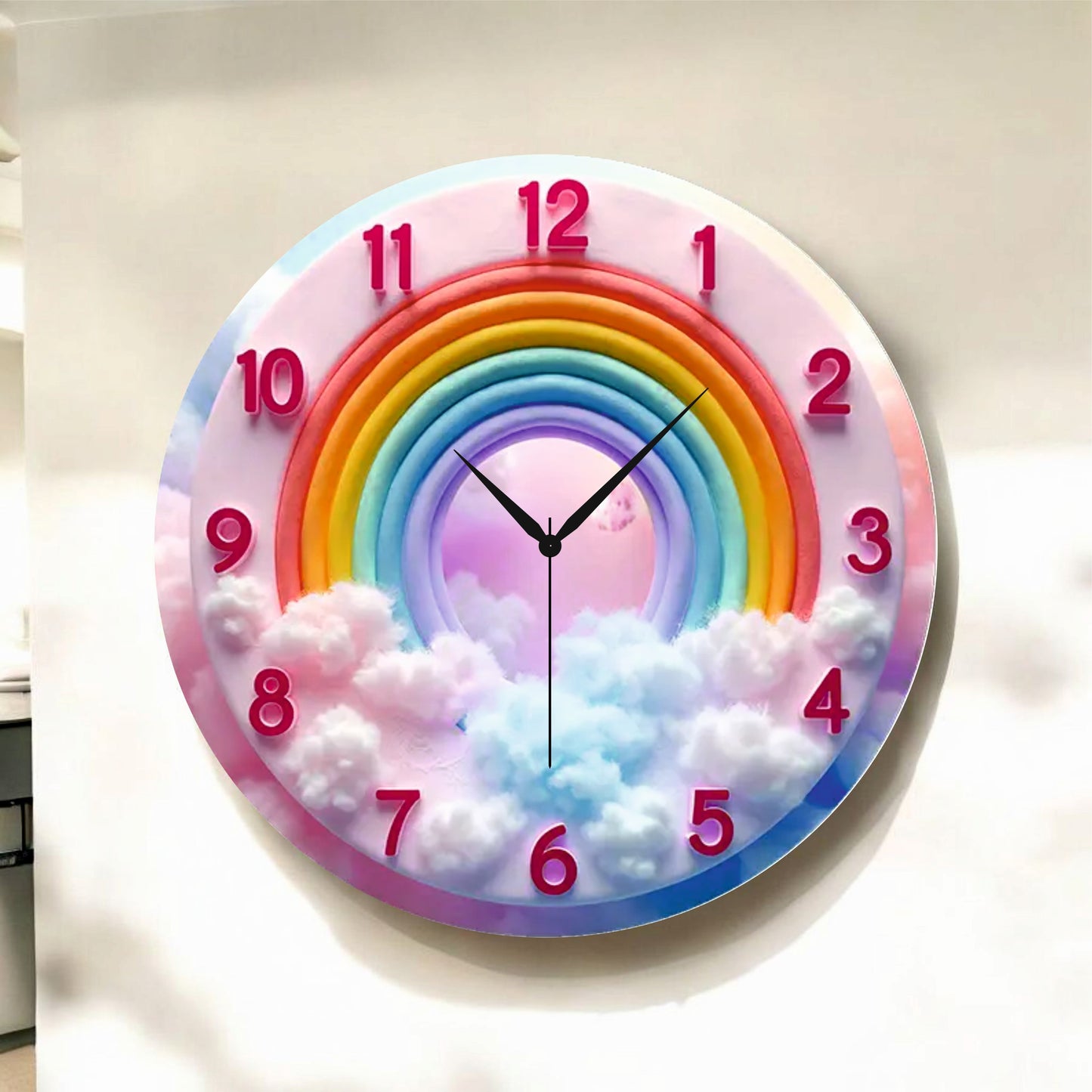 Renkli Baskı Gökkuşağı Desenli Sayılı Hediyelik Ahşap Sessiz Tablo Duvar Saati