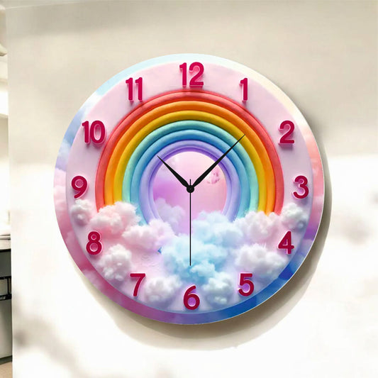 Renkli Baskı Gökkuşağı Desenli Sayılı Hediyelik Ahşap Sessiz Tablo Duvar Saati