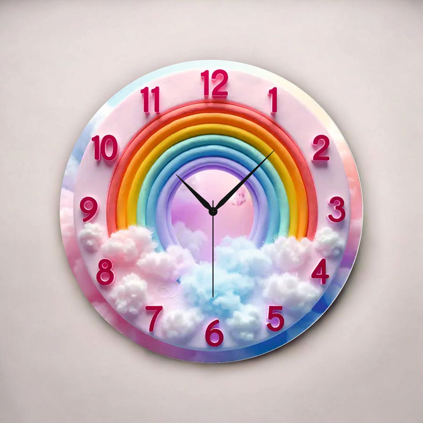 Renkli Baskı Gökkuşağı Desenli Sayılı Hediyelik Ahşap Sessiz Tablo Duvar Saati