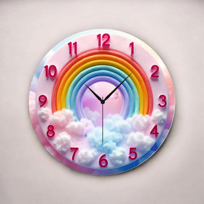 Renkli Baskı Gökkuşağı Desenli Sayılı Hediyelik Ahşap Sessiz Tablo Duvar Saati
