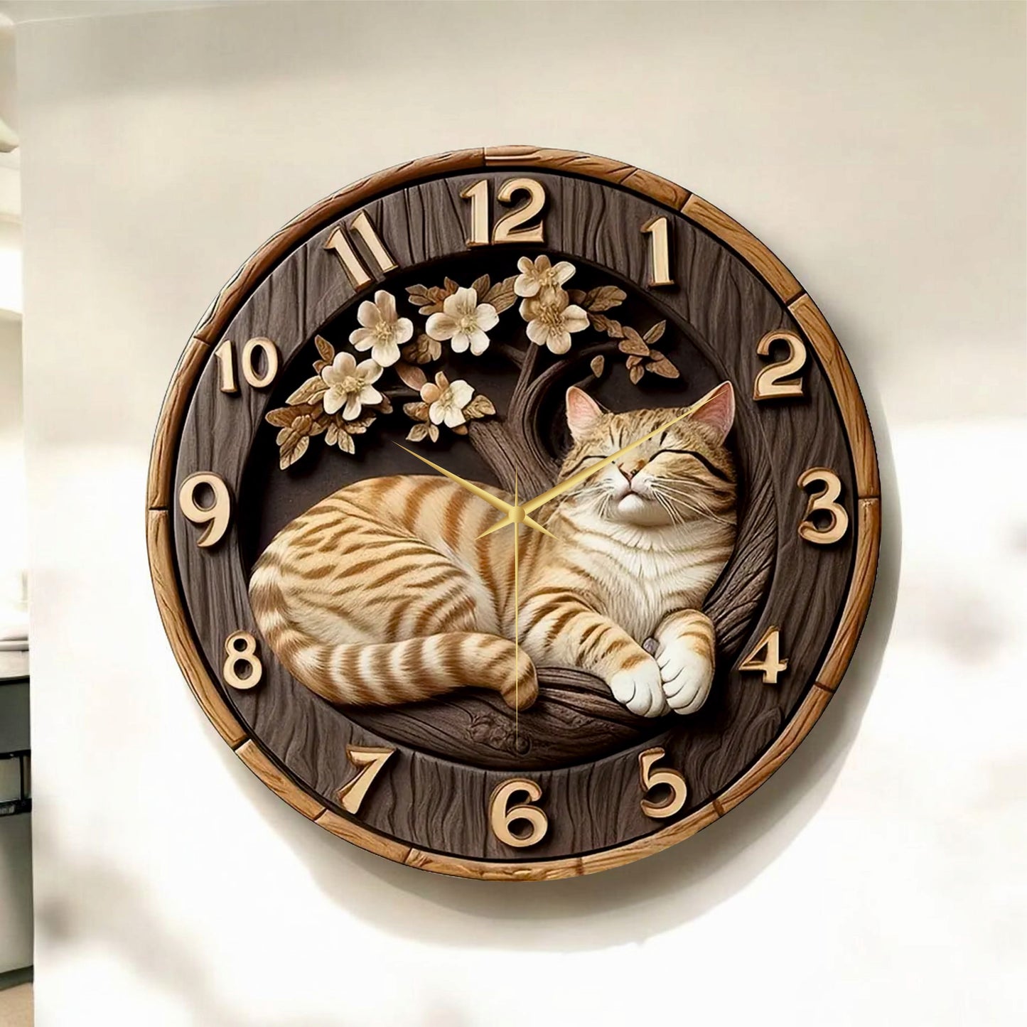 Renkli Baskı Kedi Çocuk Desenli Sayılı Hediyelik Ahşap Sessiz Tablo Duvar Saati