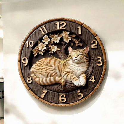 Renkli Baskı Kedi Çocuk Desenli Sayılı Hediyelik Ahşap Sessiz Tablo Duvar Saati