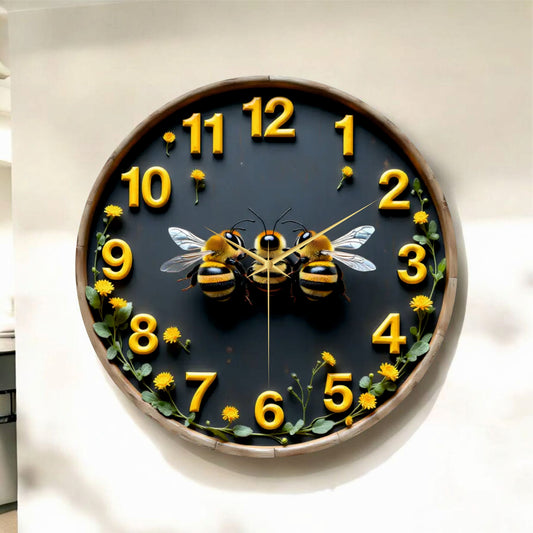 Renkli Baskı Arı Hayvan Desenli Sayılı Hediyelik Ahşap Sessiz Tablo Duvar Saati