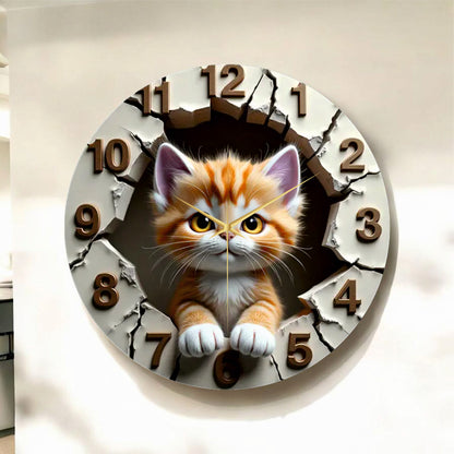 Renkli Baskı Kedi Çocuk Desenli Sayılı Hediyelik Ahşap Sessiz Tablo Duvar Saati