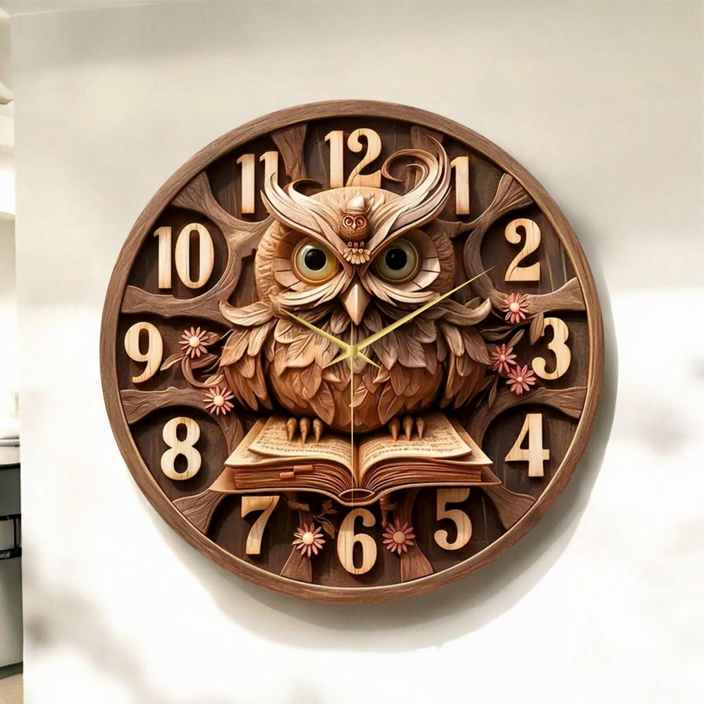 Renkli Baskı Baykuş Kitap Desenli Sayılı Hediyelik Ahşap Sessiz Tablo Duvar Saati