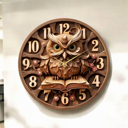 Renkli Baskı Baykuş Kitap Desenli Sayılı Hediyelik Ahşap Sessiz Tablo Duvar Saati