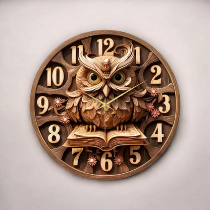Renkli Baskı Baykuş Kitap Desenli Sayılı Hediyelik Ahşap Sessiz Tablo Duvar Saati