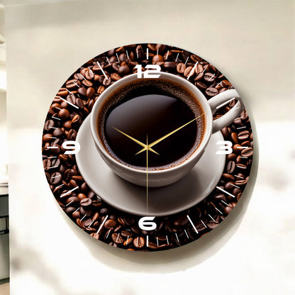 Renkli Baskı Kahve Desenli Sayılı Hediyelik Ahşap Sessiz Tablo Duvar Saati