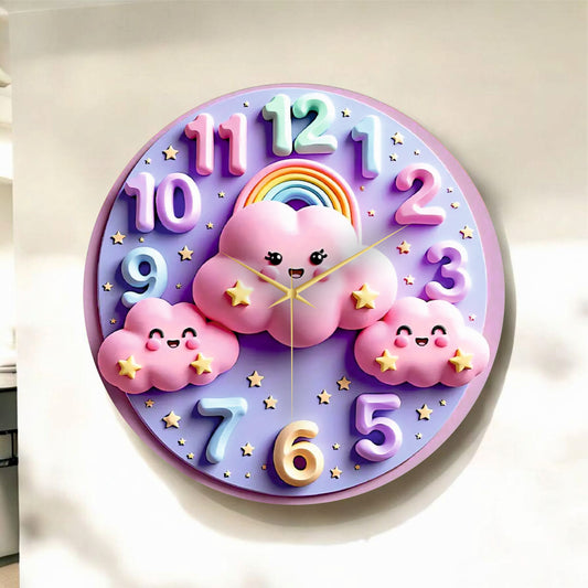 Renkli Baskı Bulut Çocuk Desenli Sayılı Hediyelik Ahşap Sessiz Tablo Duvar Saati