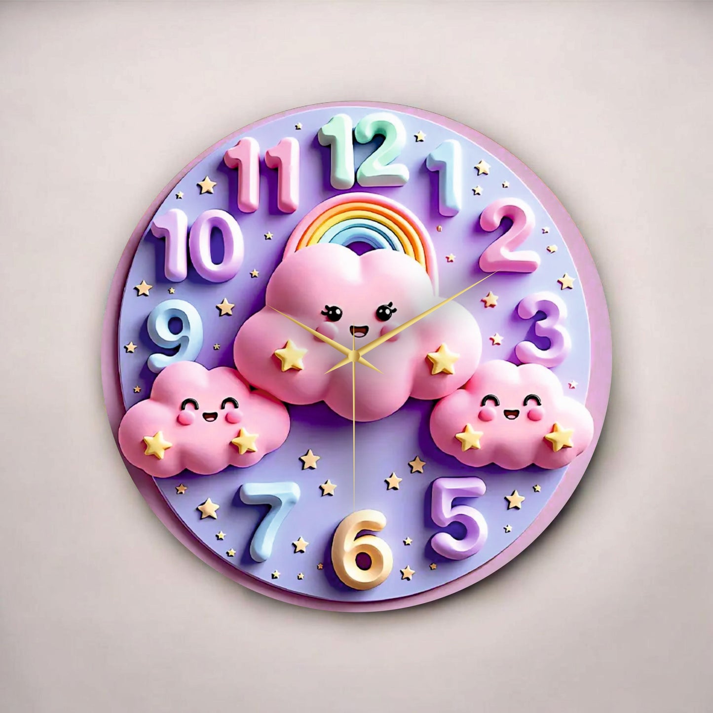 Renkli Baskı Bulut Çocuk Desenli Sayılı Hediyelik Ahşap Sessiz Tablo Duvar Saati