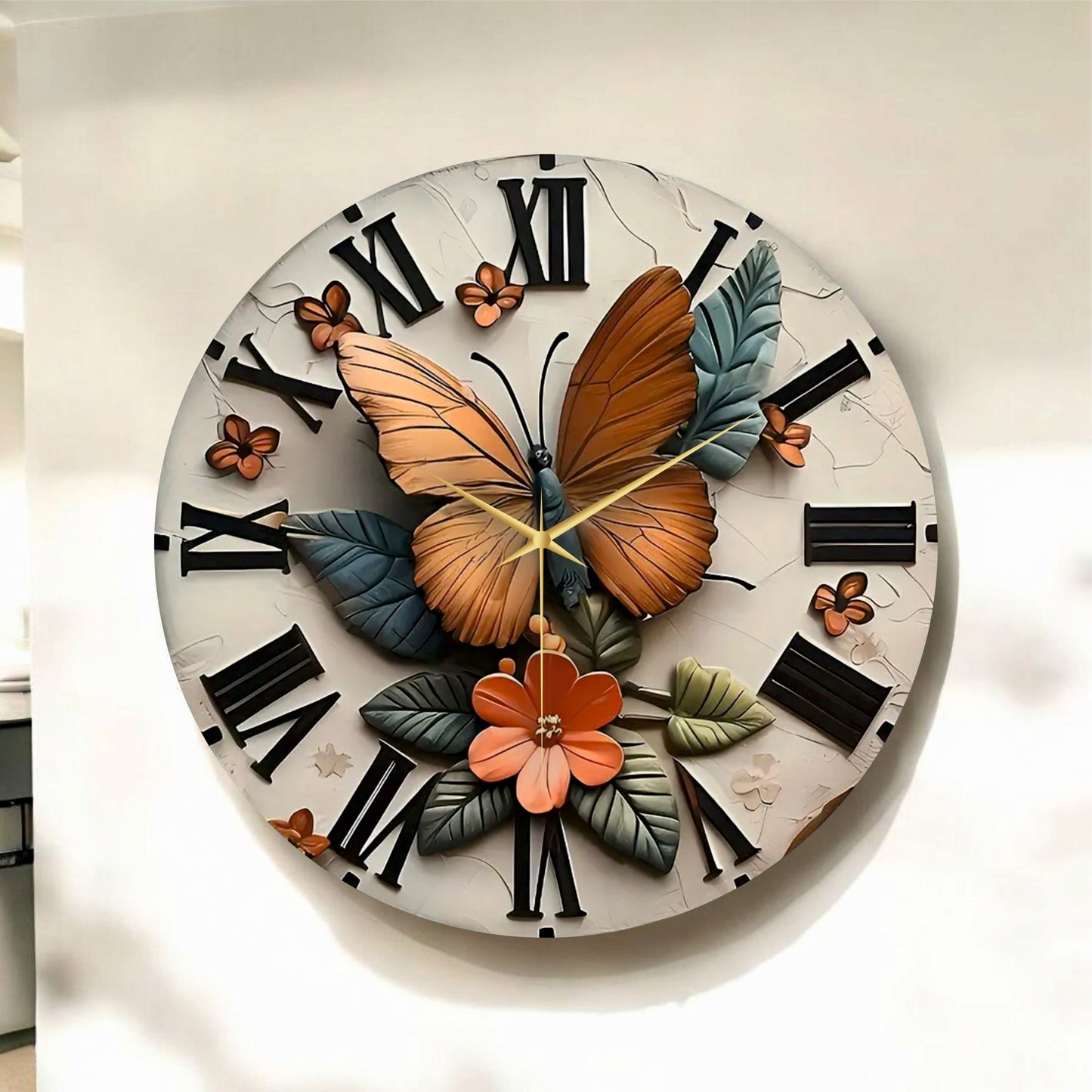 Renkli Baskı Kelebek Yaprak Desenli Sayılı Hediyelik Ahşap Sessiz Tablo Duvar Saati