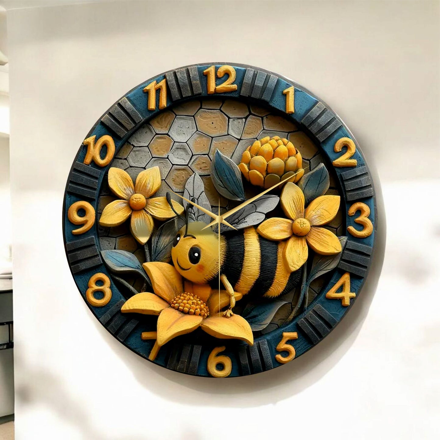Kabartma Görünümlü Renkli Arı Çiçek Çocuk Desenli Sayılı Hediyelik Ahşap Sessiz Duvar Saati