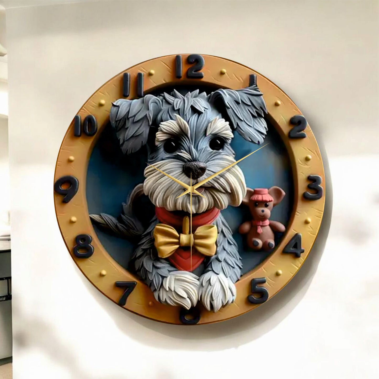 Renkli Baskı Köpek Hayvan Desenli Sayılı Hediyelik Ahşap Sessiz Tablo Duvar Saati