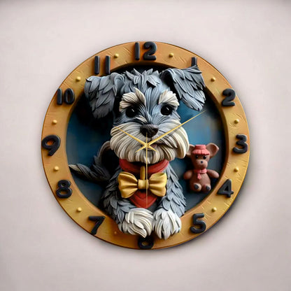 Renkli Baskı Köpek Hayvan Desenli Sayılı Hediyelik Ahşap Sessiz Tablo Duvar Saati