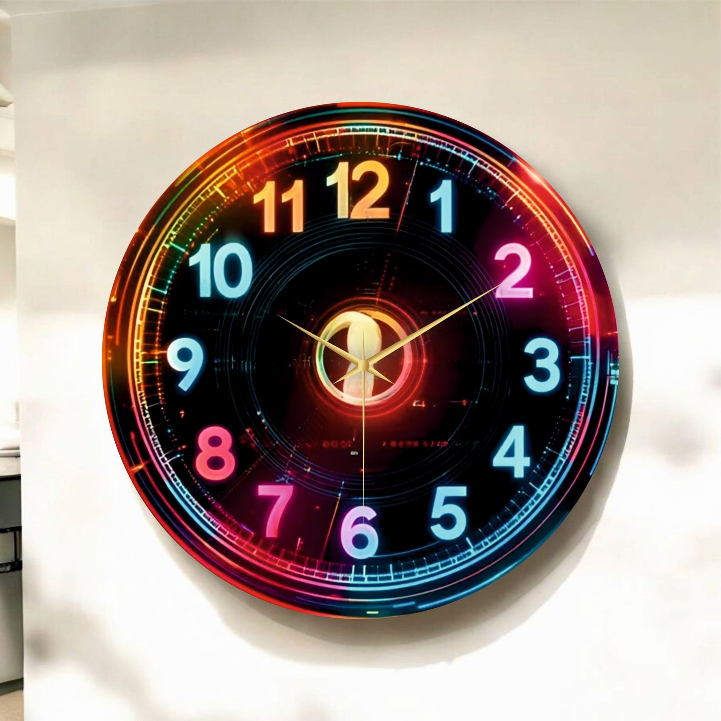 Dijital Görünümlü Neon Renkli Baskı Desenli Sayılı Hediyelik Ahşap Sessiz Tablo Duvar Saati