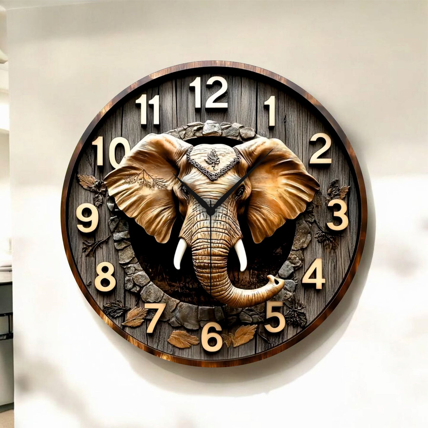 Fil Tasarımlı Renkli Kabartma Görünümlü Baskı Desenli Sayılı Hediyelik Ahşap Sessiz Duvar Saati