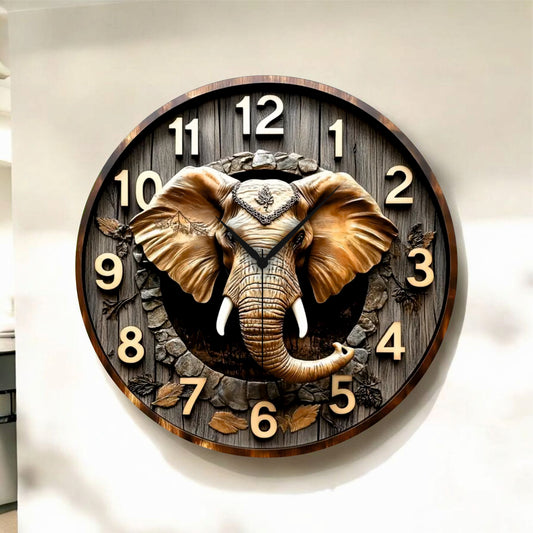 Fil Tasarımlı Renkli Kabartma Görünümlü Baskı Desenli Sayılı Hediyelik Ahşap Sessiz Duvar Saati