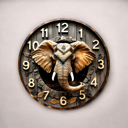 Fil Tasarımlı Renkli Kabartma Görünümlü Baskı Desenli Sayılı Hediyelik Ahşap Sessiz Duvar Saati