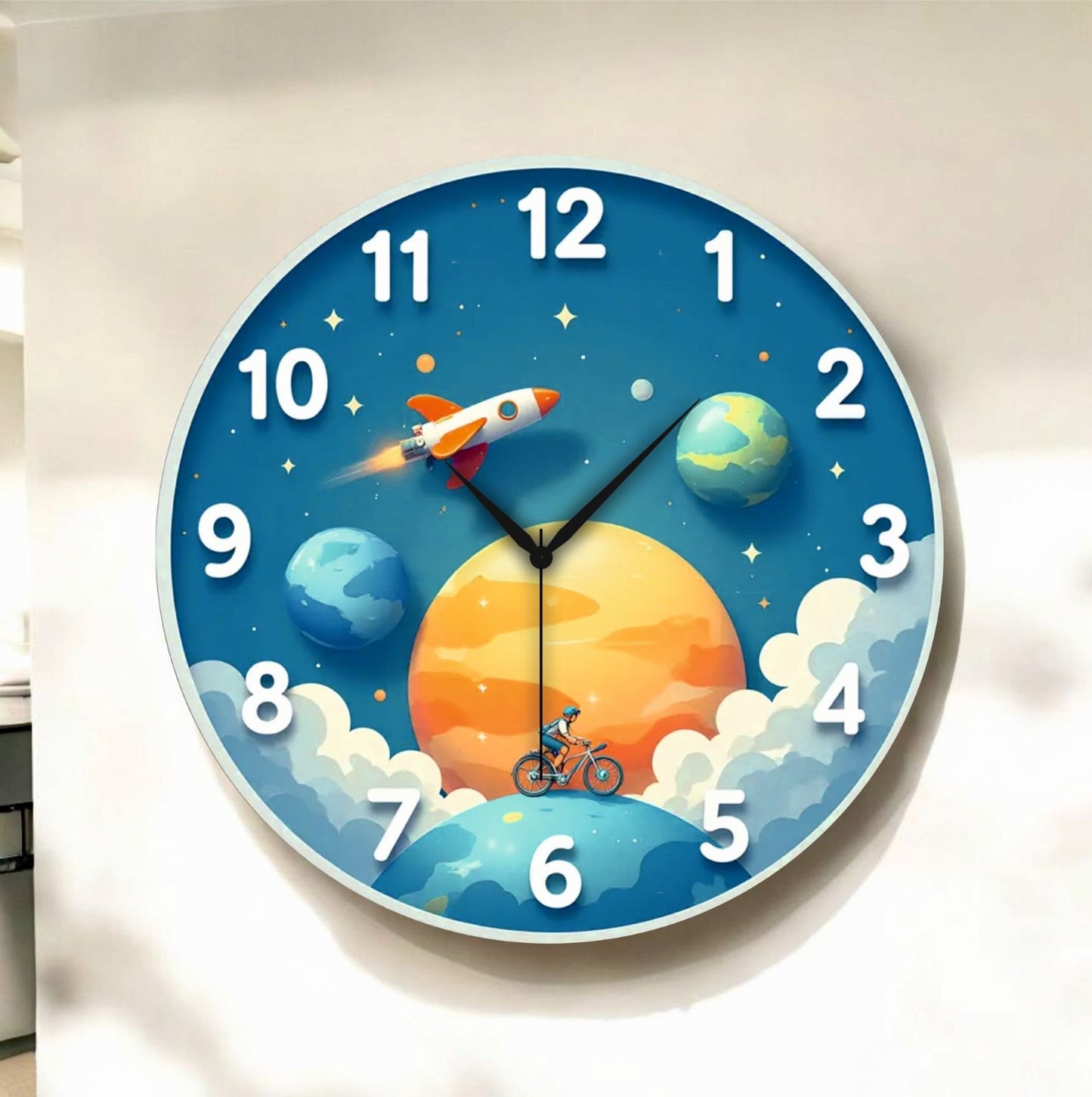 Çocuk Odası Uzay Renkli Baskı Desenli Sayılı Hediyelik Ahşap Sessiz Tablo Duvar Saati
