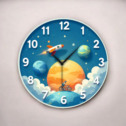 Çocuk Odası Uzay Renkli Baskı Desenli Sayılı Hediyelik Ahşap Sessiz Tablo Duvar Saati