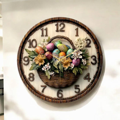 Çiçek Sepeti Kabartma Görünümlü Renkli Baskı Desenli Sayılı Hediyelik Ahşap Sessiz Duvar Saati