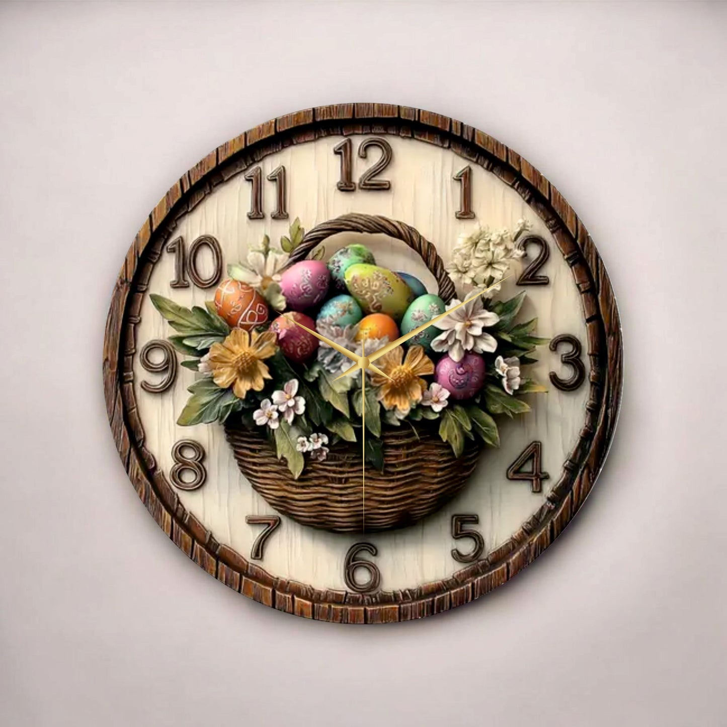 Çiçek Sepeti Kabartma Görünümlü Renkli Baskı Desenli Sayılı Hediyelik Ahşap Sessiz Duvar Saati