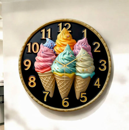 Dondurma Kabartma Görünümlü Renkli Baskı Desenli Sayılı Hediyelik Ahşap Sessiz Duvar Saati