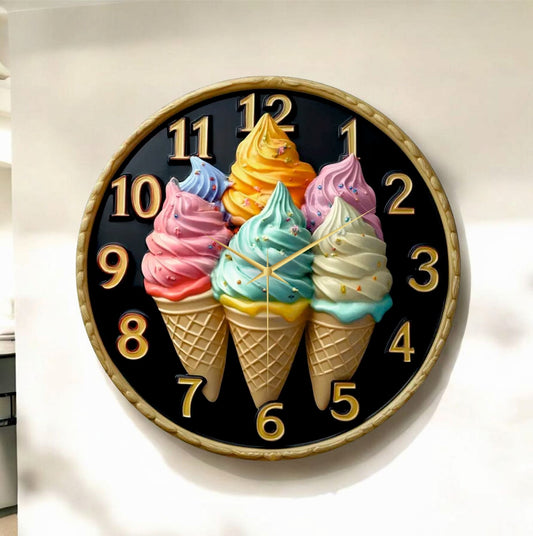 Dondurma Kabartma Görünümlü Renkli Baskı Desenli Sayılı Hediyelik Ahşap Sessiz Duvar Saati