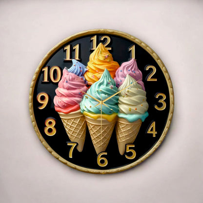 Dondurma Kabartma Görünümlü Renkli Baskı Desenli Sayılı Hediyelik Ahşap Sessiz Duvar Saati
