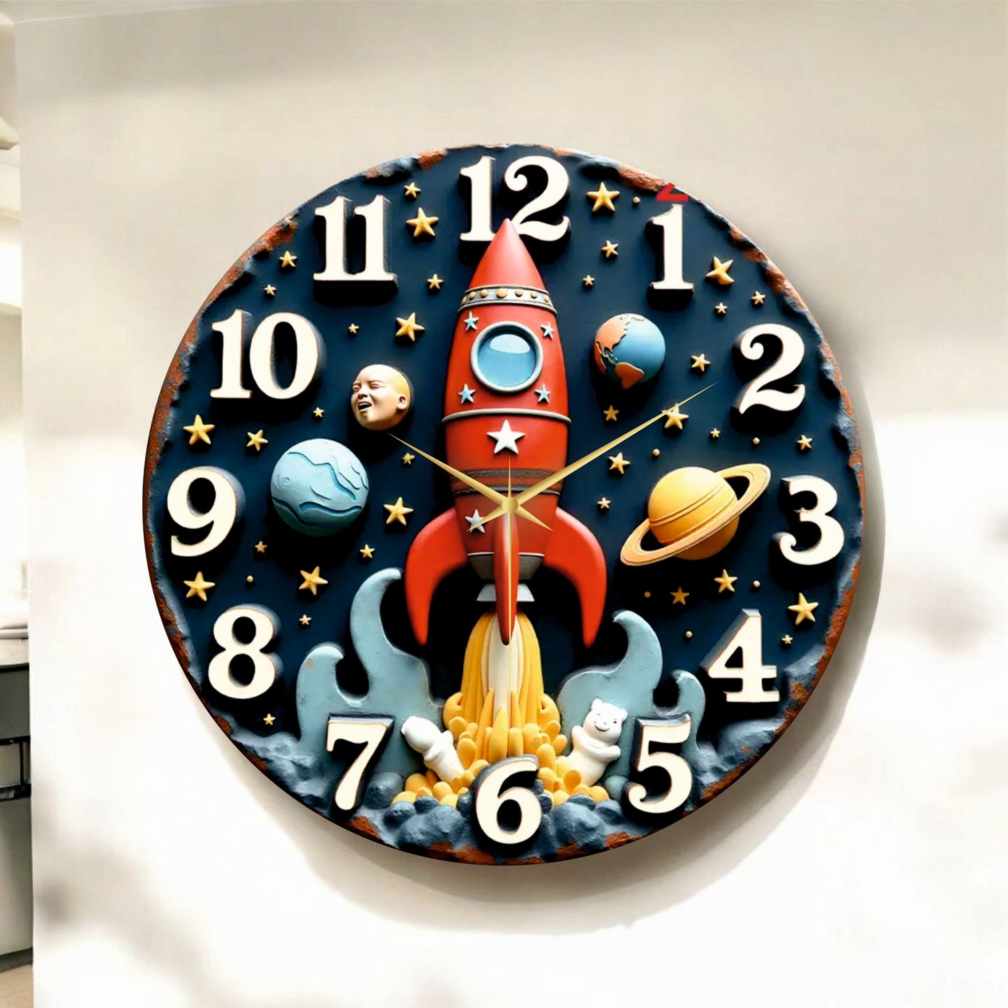 Uzay Roketi Kabartma Görünümlü Renkli Baskı Desenli Sayılı Hediyelik Ahşap Sessiz Duvar Saati