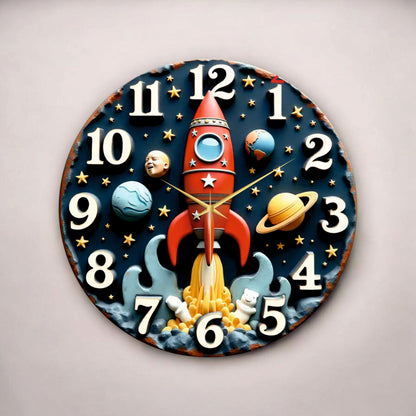 Uzay Roketi Kabartma Görünümlü Renkli Baskı Desenli Sayılı Hediyelik Ahşap Sessiz Duvar Saati