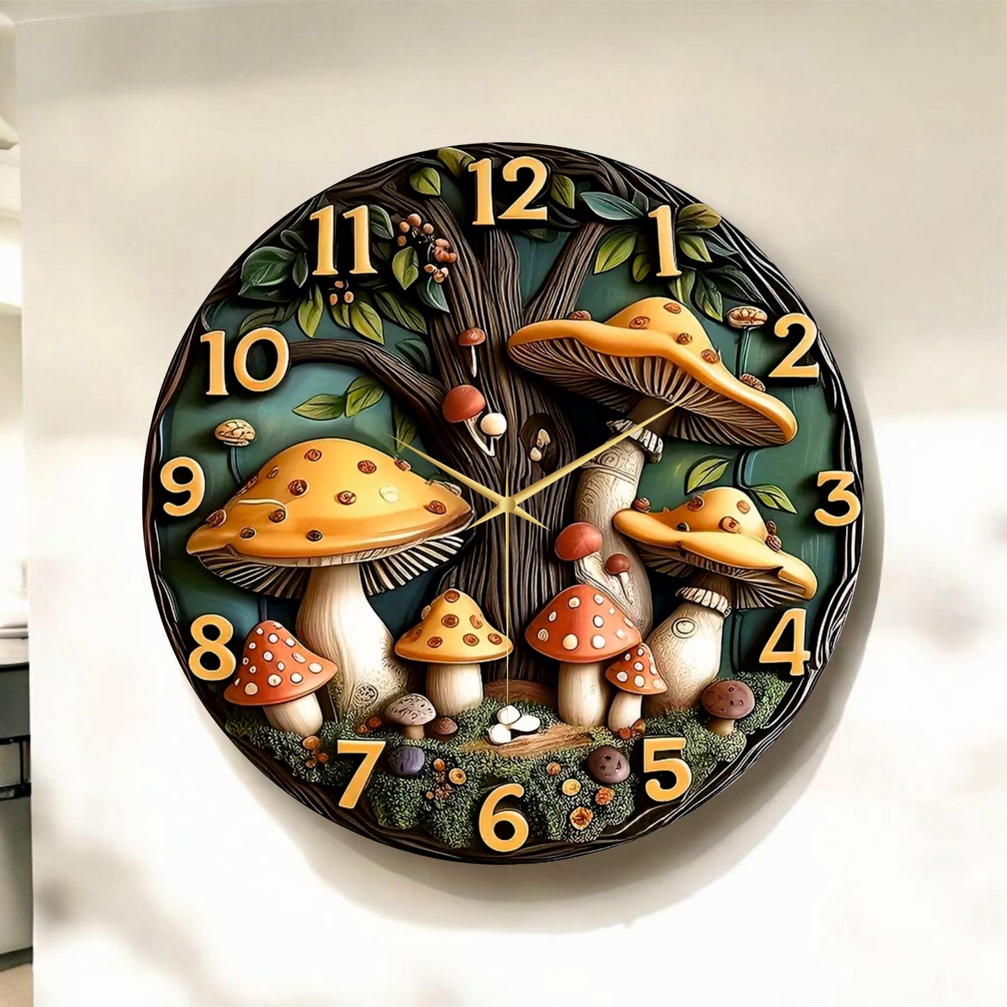Mantar Kabartma Görünümlü Renkli Baskı Desenli Sayılı Hediyelik Ahşap Sessiz Tablo Duvar Saati