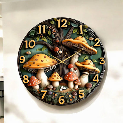 Mantar Kabartma Görünümlü Renkli Baskı Desenli Sayılı Hediyelik Ahşap Sessiz Tablo Duvar Saati