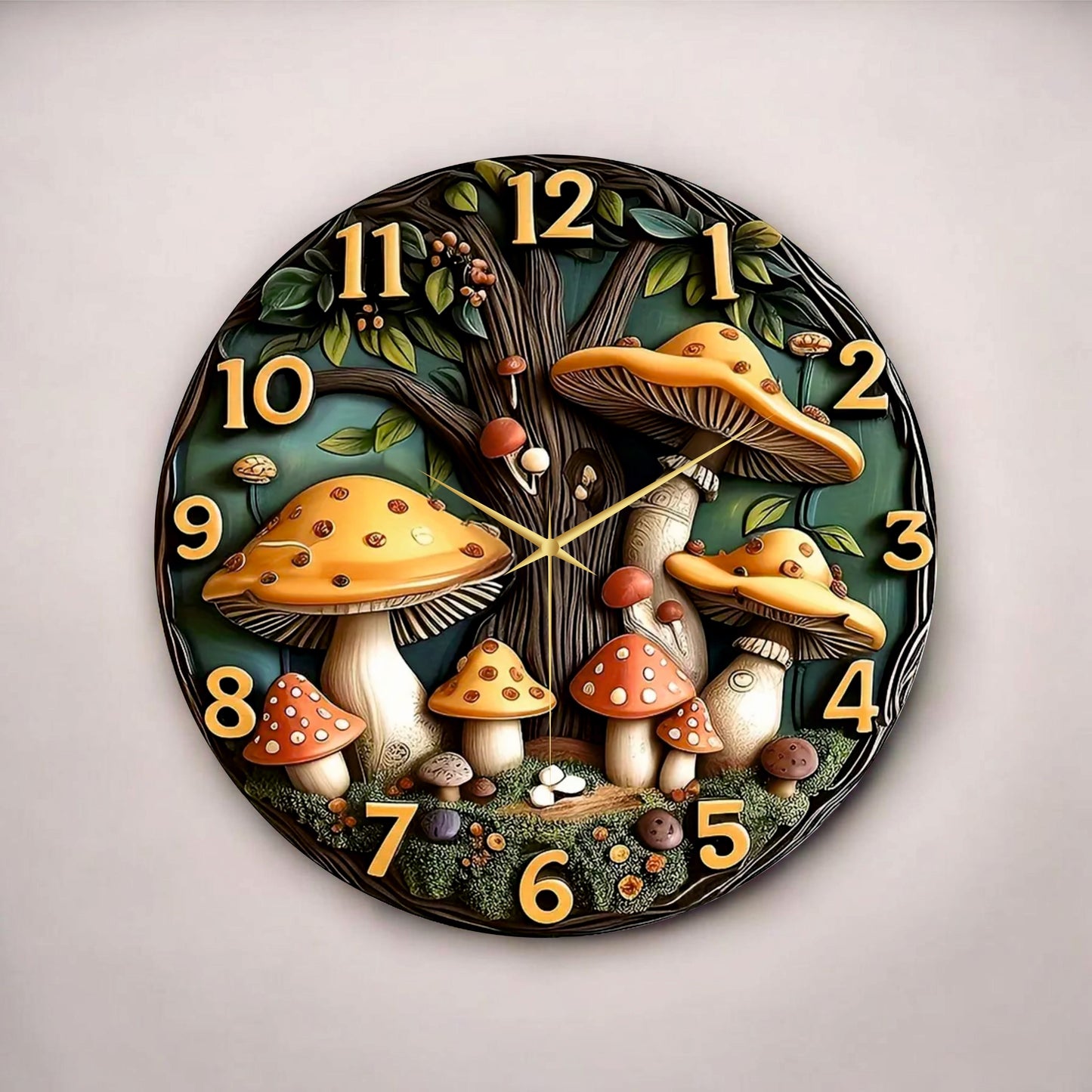 Mantar Kabartma Görünümlü Renkli Baskı Desenli Sayılı Hediyelik Ahşap Sessiz Tablo Duvar Saati